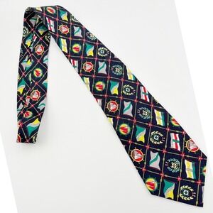 David & David Seta Pura Silk Tie Navy Blue Nautical Flag Sailboat Anchor Italy